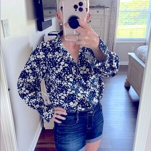 LC Lauren Conrad Navy Floral Smocked Cuff Relaxed Shirt